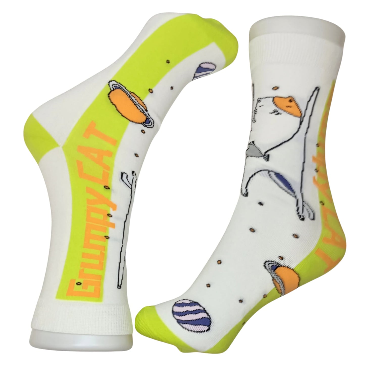 Calcetines blancos y verdes fluor con gatito universo