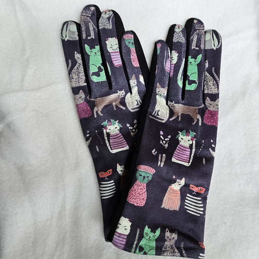 Guantes táctiles estampado colorido de gatitos fondo gris oscuro