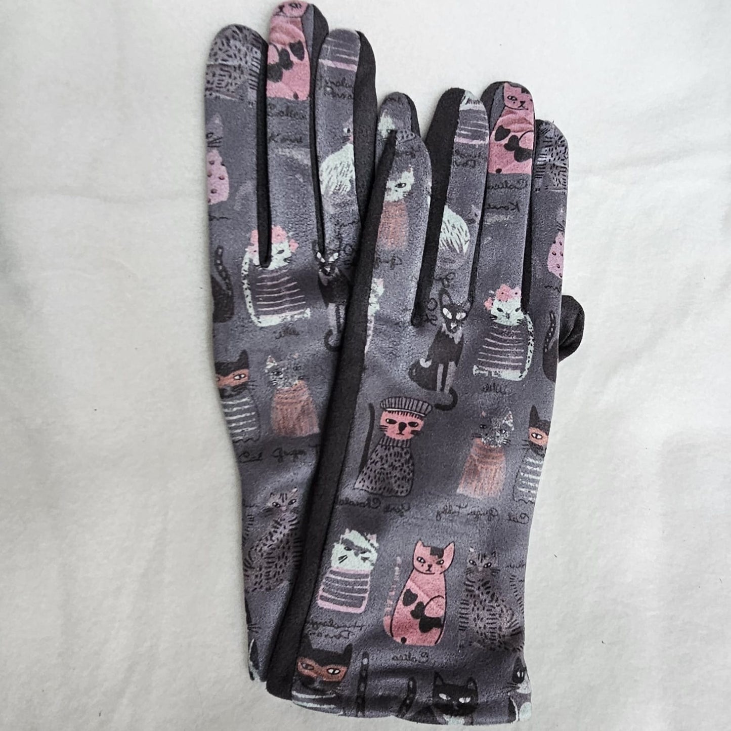 Guantes táctiles estampado colorido de gatitos fondo gris perla