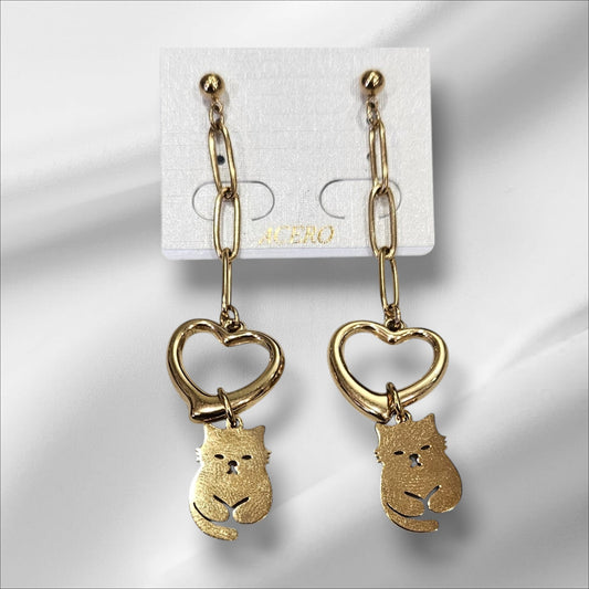 Pendientes de acero, largos con corazón y gatito en color dorado