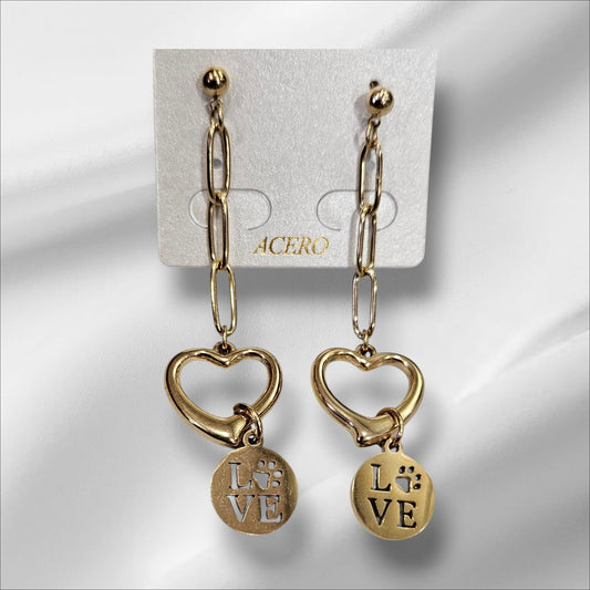 Pendientes de acero, largos con corazón y LOVE en color dorado