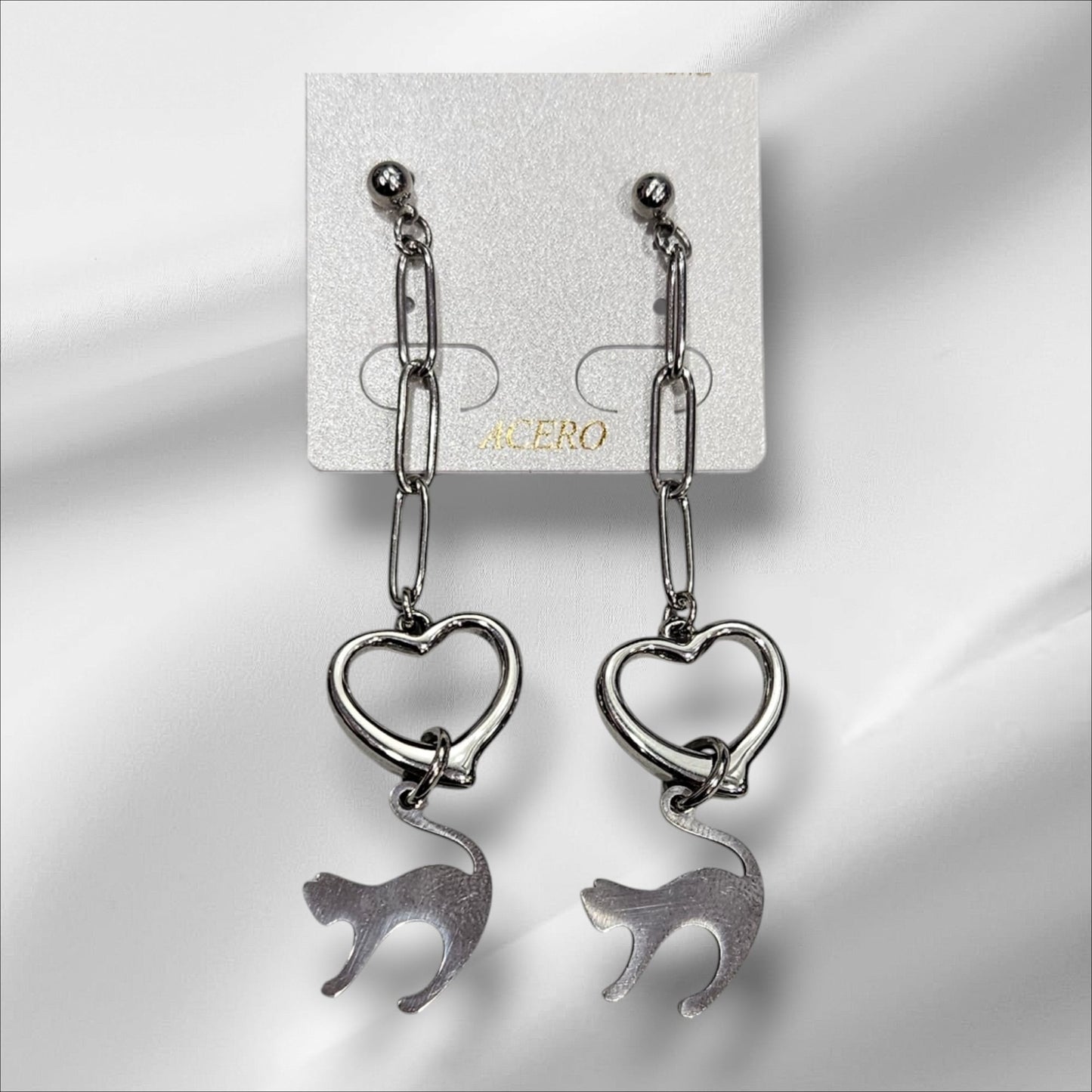 Pendientes de acero, largos con corazón y gatito