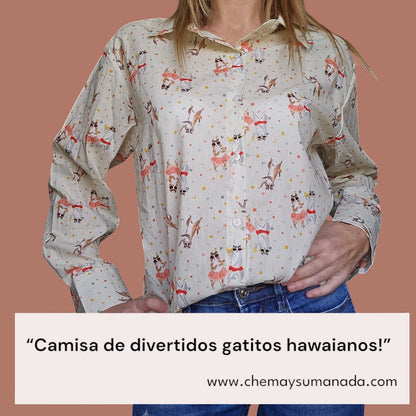 Camisa estampada con divertidos gatitos hawaianos