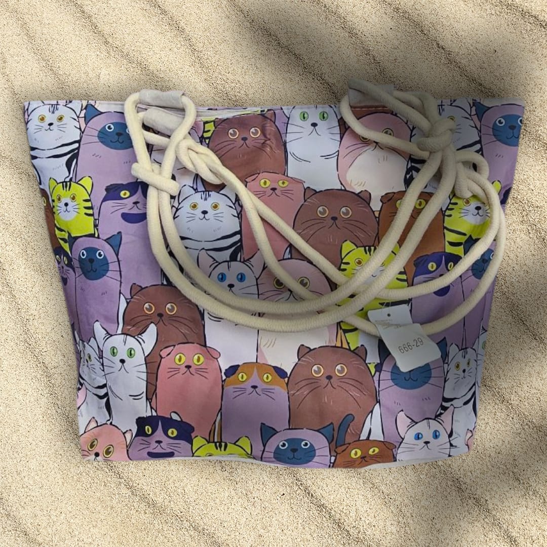 Bolsa grande para playa con gatitos de colores y el asa de cuerda