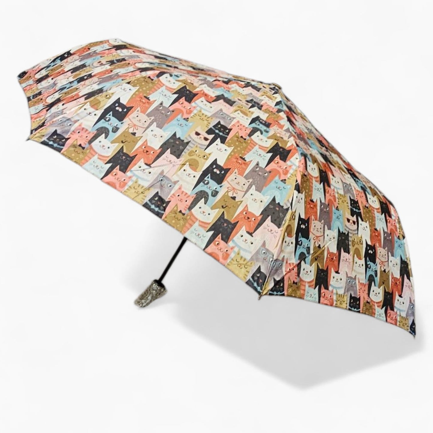 Paraguas plegable antiviento – Estampado de gatos multicolor, mango verde