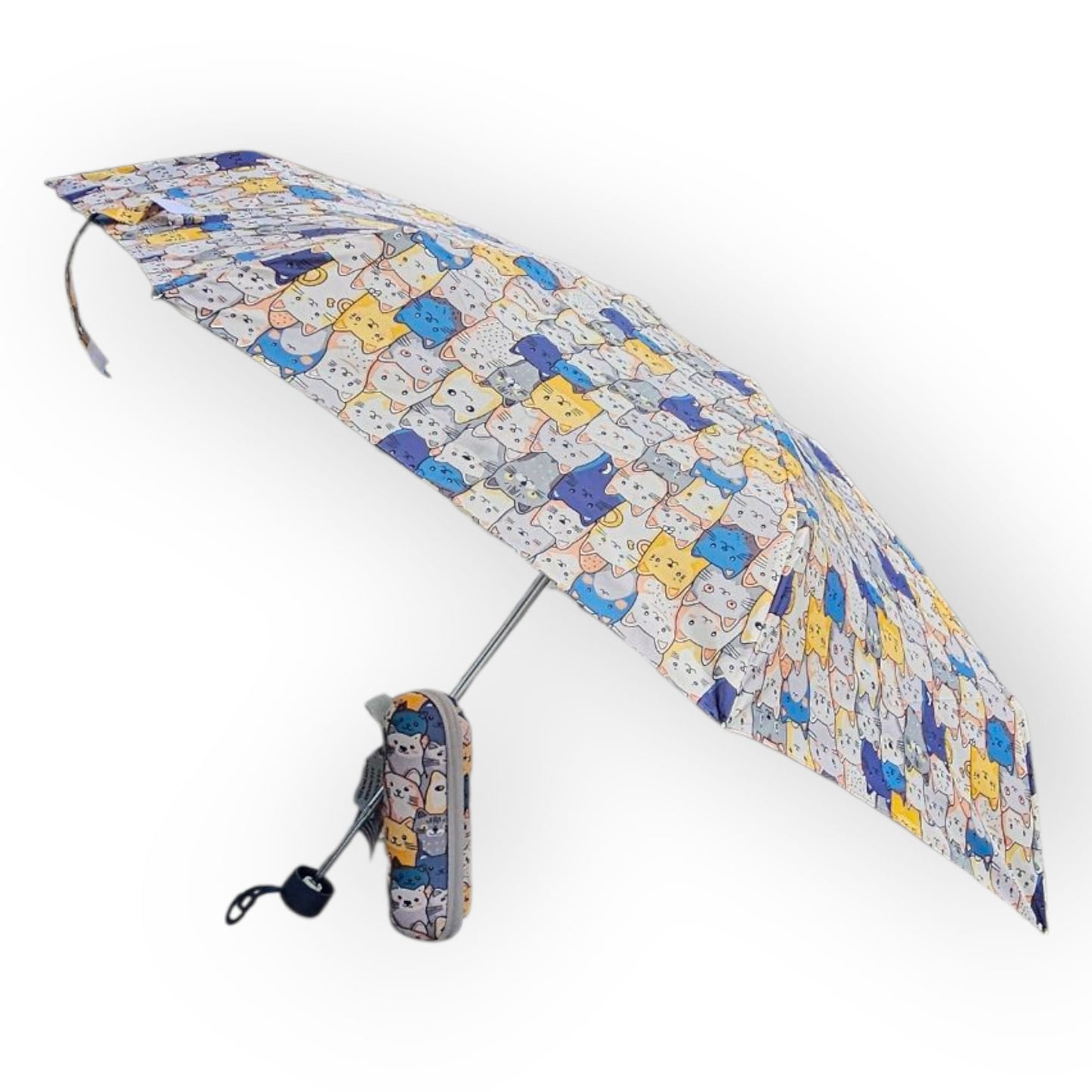 Paraguas plegable con funda rígida antiviento – mango azulón.