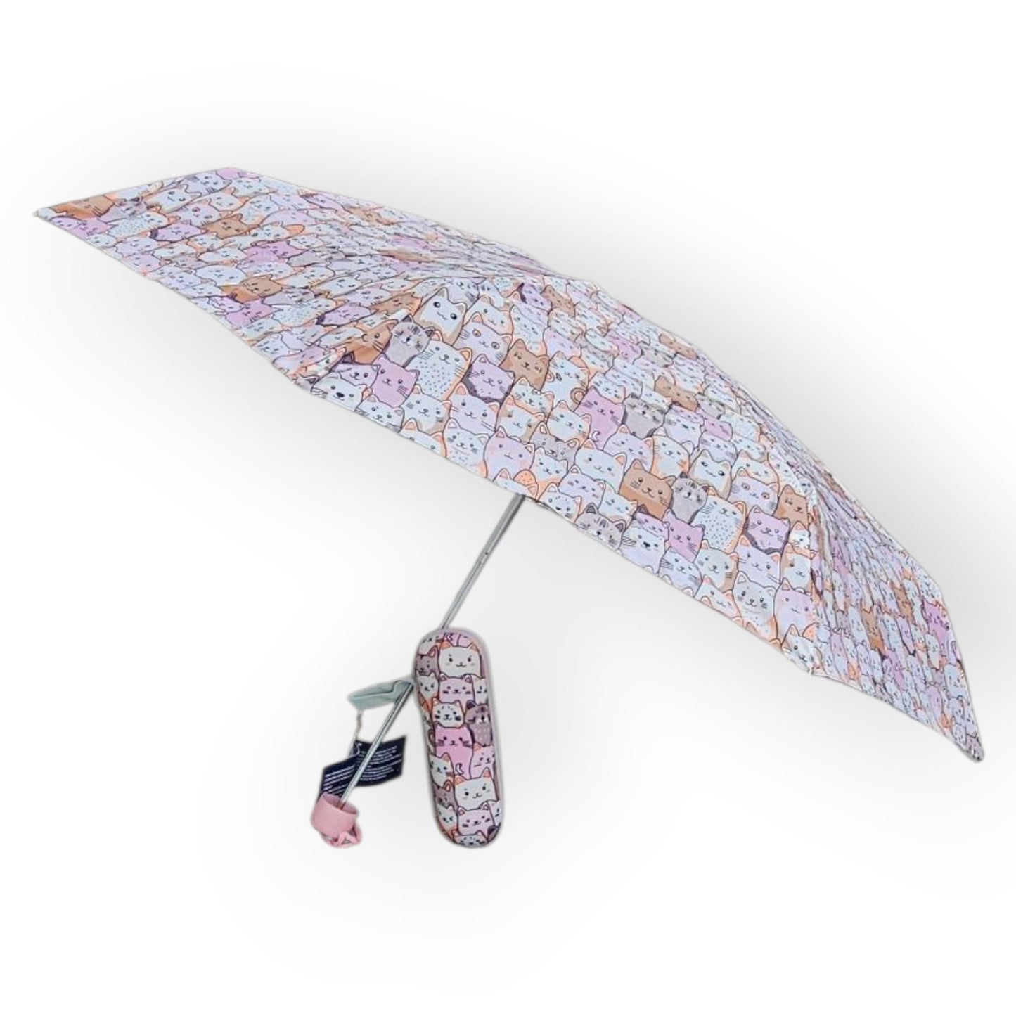 Paraguas plegable con funda rígida antiviento – mango rosa claro.