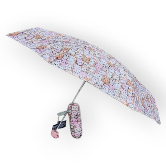 Paraguas plegable con funda rígida antiviento – mango rosa claro.