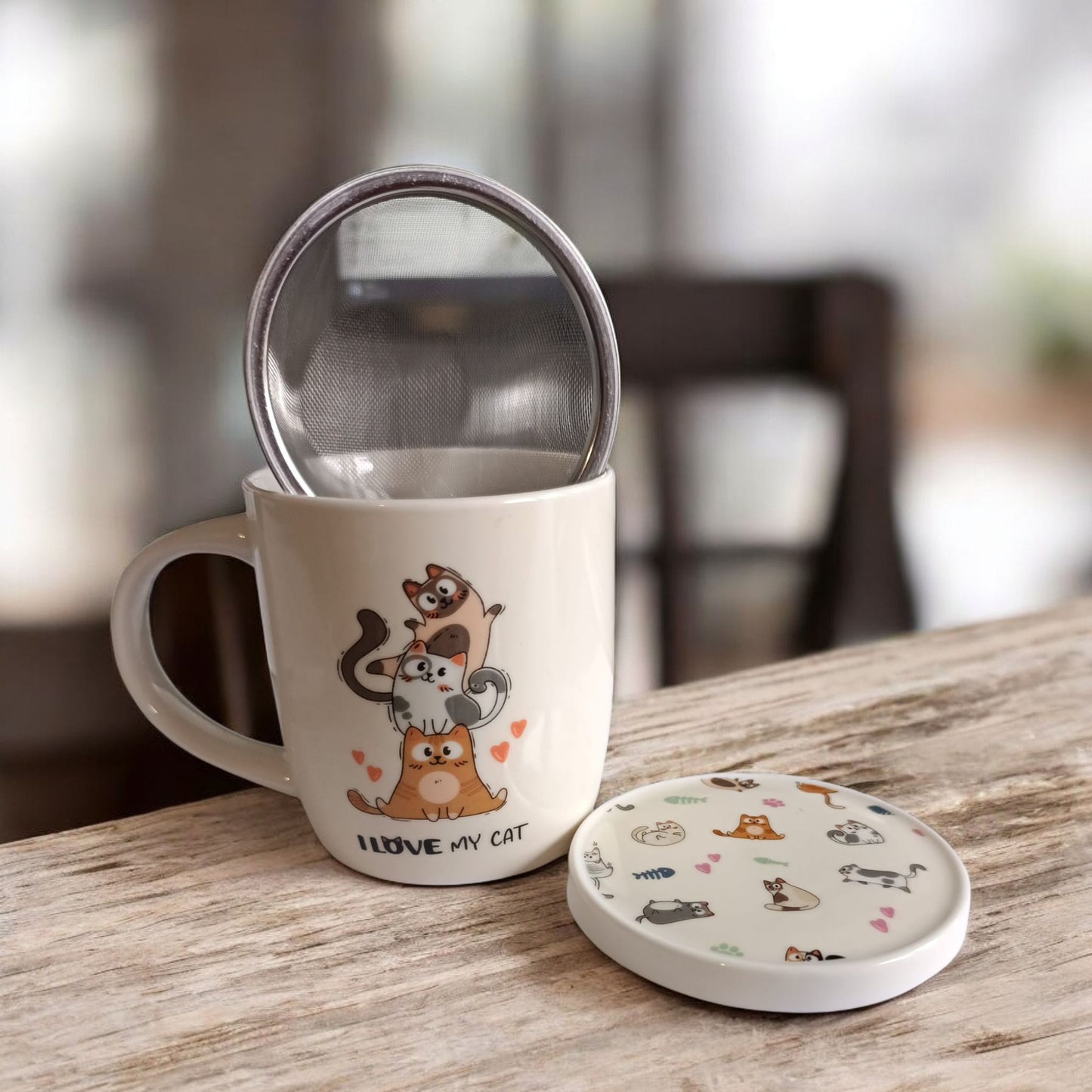 Taza “I Love My Cat – Torre de Gatitos” con Infusor y Tapa