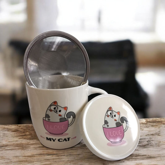 Taza “I Love My Cat” con Filtro y Tapa – Perfecta para Amantes del Té y los Michis