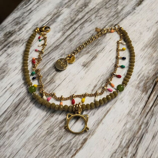 Pulsera “Michi Colorful” – Doble cadena &amp; charm de gatito dorado