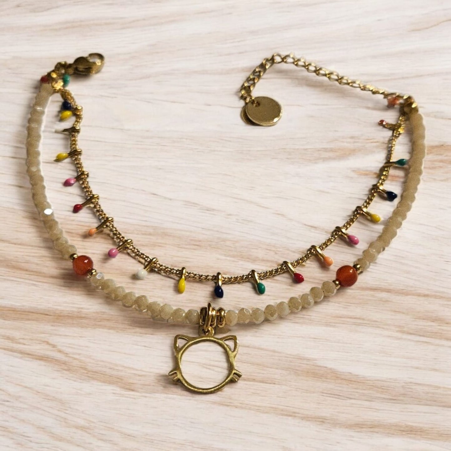 Pulsera“Michi Summer Drops” – Doble cadena con charm gatito dorado