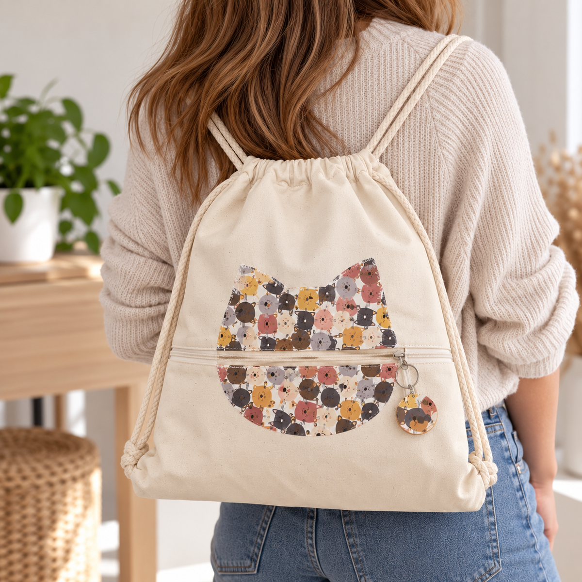 Mochila artesanal de loneta beige con gatos multicolor(@lucikukadas)
