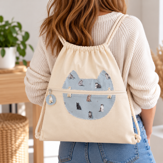 Mochila artesanal de loneta beige con gatos en azul (@lucikukadas)