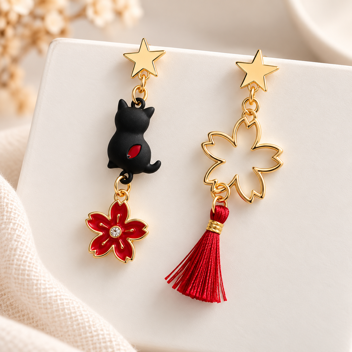 Pendientes asimétricos Gatito y Flores