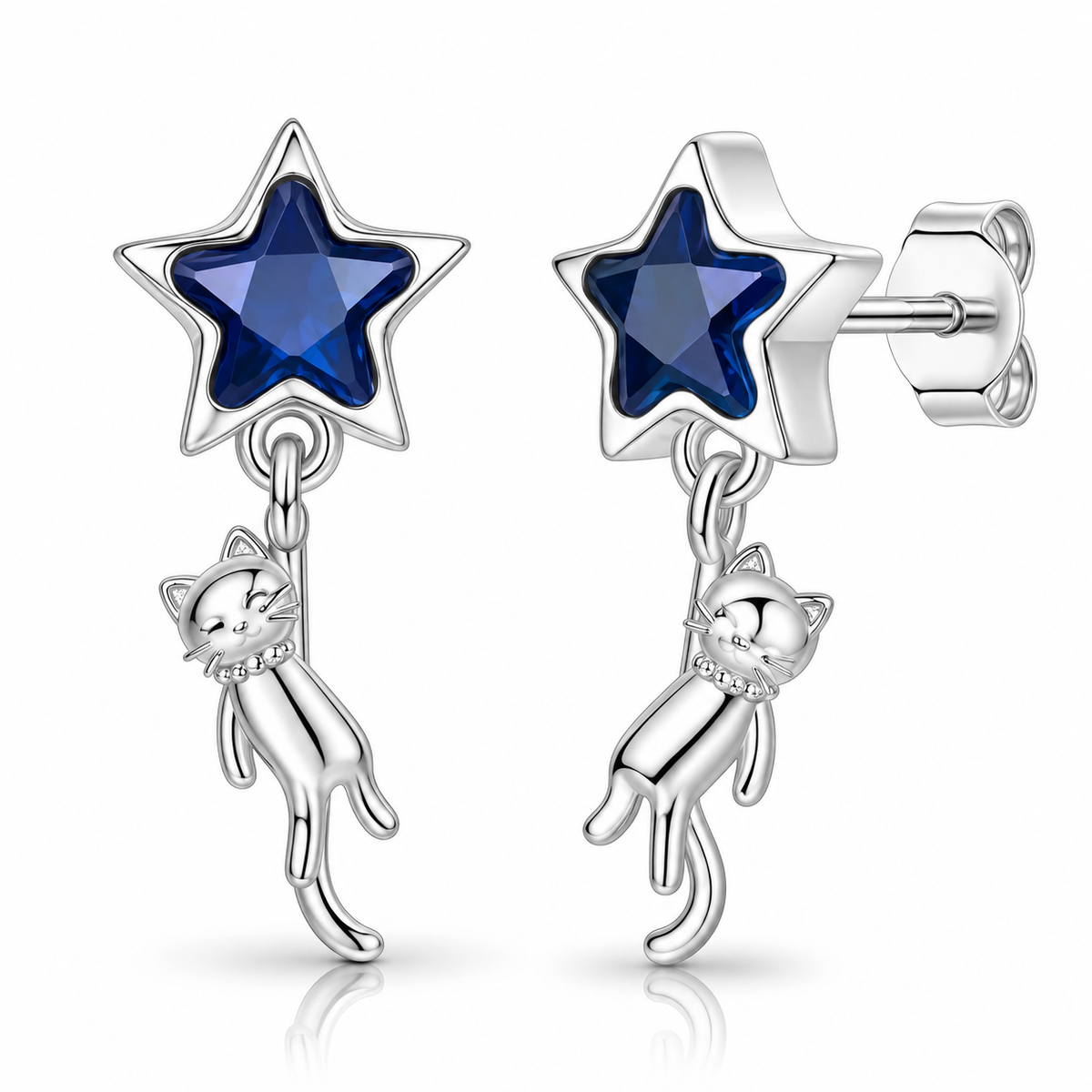 Pendientes de plata de ley Estrella Azul con Gatito