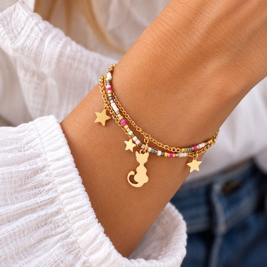 Pulsera de acero inoxidable doble dorada con gatito y estrellas