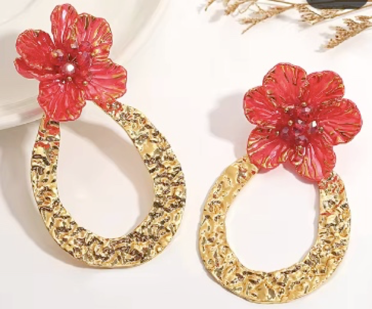 Pendientes solidarios dorados con flor azul o roja, colección Sevilla 4