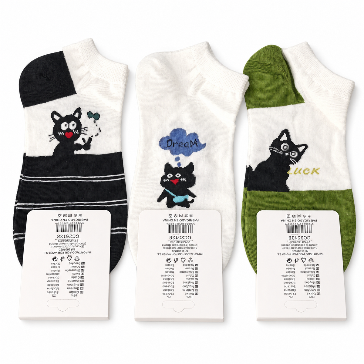 Pack de 3 pares de calcetines tobilleros de gatos- Talla 35–40
