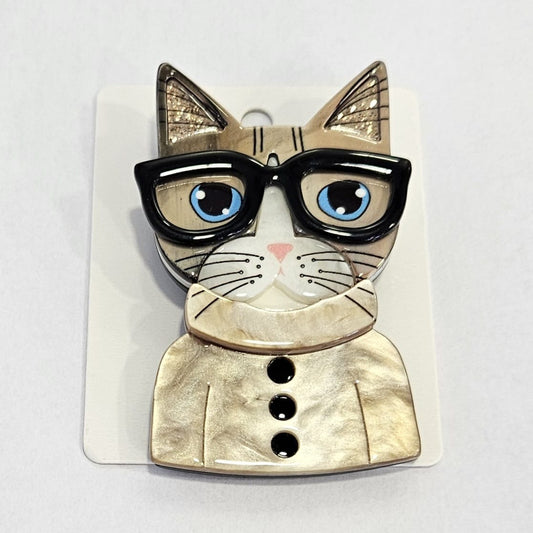 Broche de gatito en resina con gafas color beige