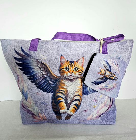 Bolsa para playa con neceser estampado de gatito con alas