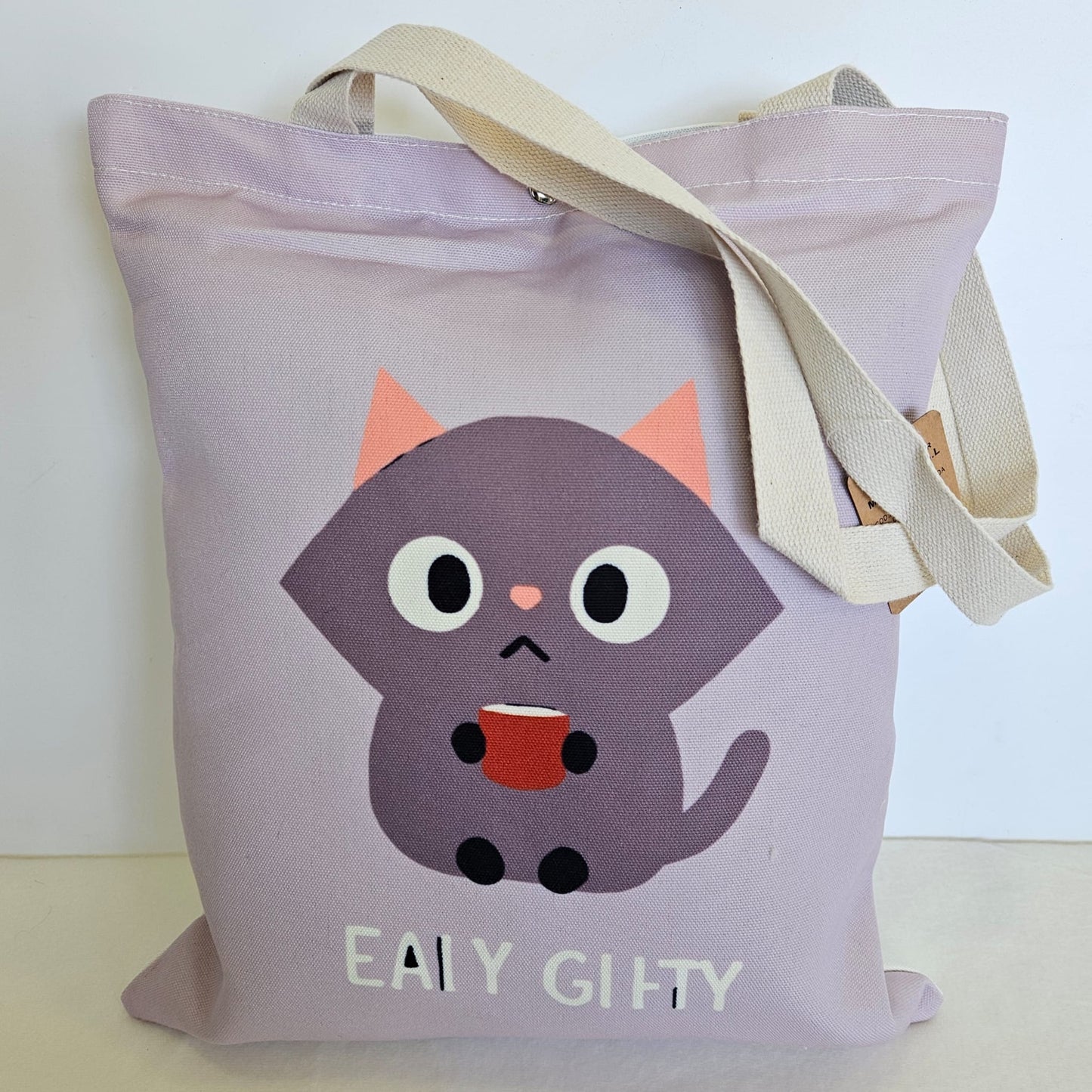 Bolsa tote bag de tela estampado gatito con fondo lila
