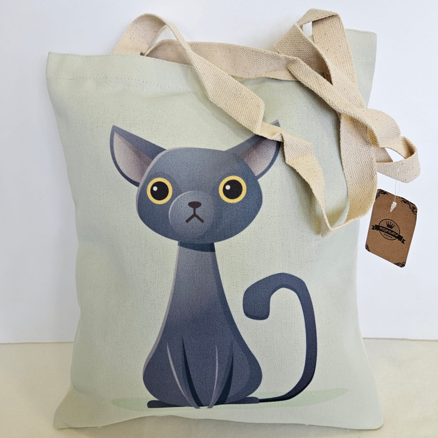 Bolsa tote bag de tela estampado gatito con fondo beige