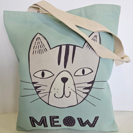 Bolsa tote bag de tela estampado gatito con fondo verde