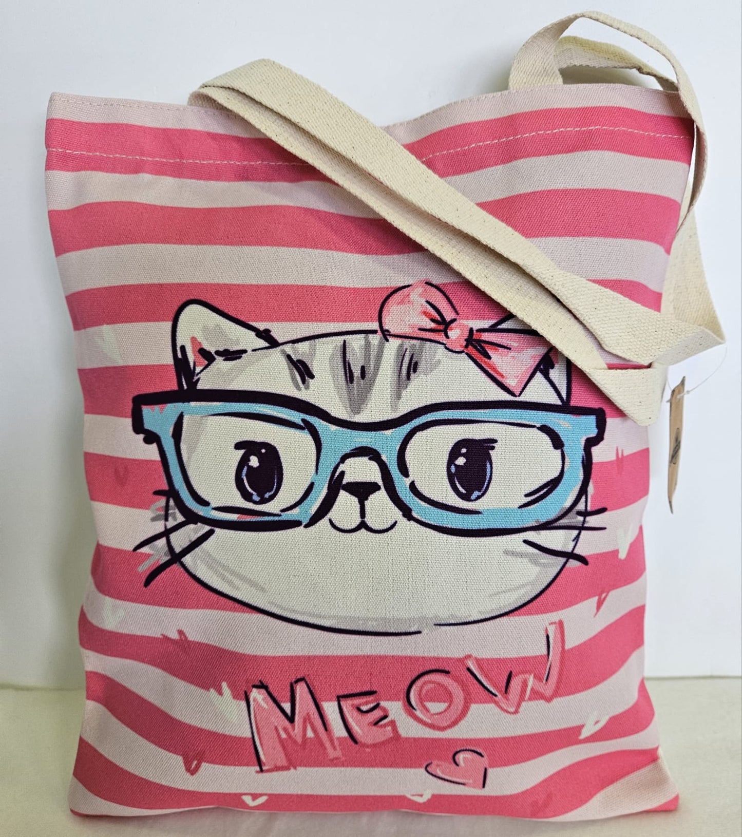 Bolsa tote bag de tela estampado gatito con fondo de rayas rosa