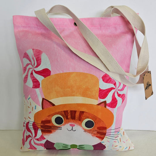 Bolsa tote bag de tela estampado gatito con sombrero y pajarita