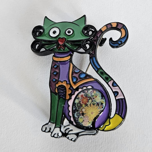 Broche de gatito con bigotes, esmaltado en tono verde