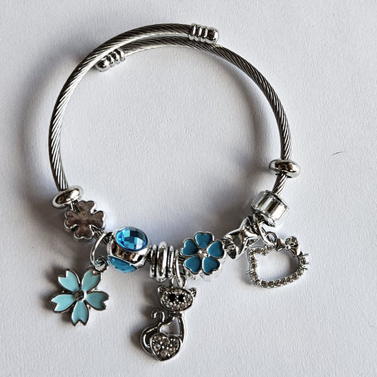 Pulsera de acero en plateado tipo Pandora con charms de color azul