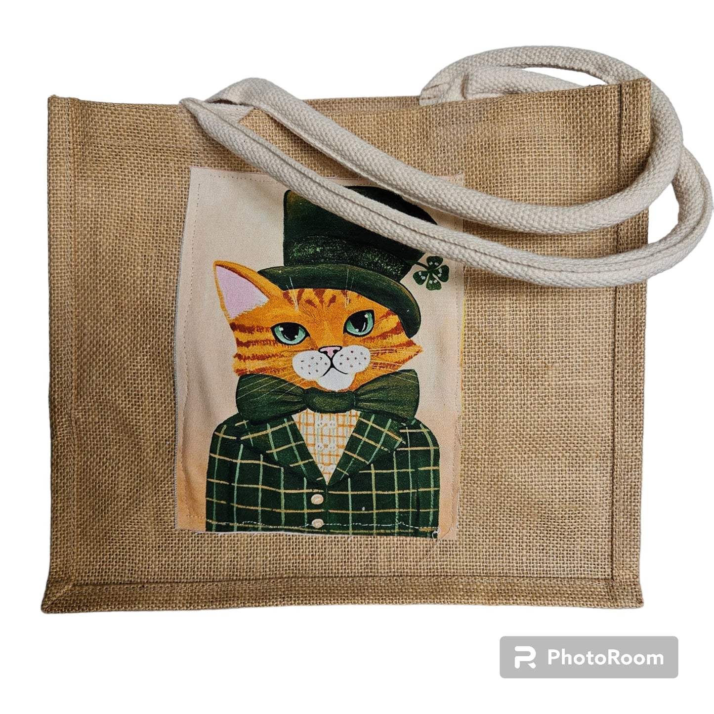 Bolso con dibujo de gatito con sombrero verde