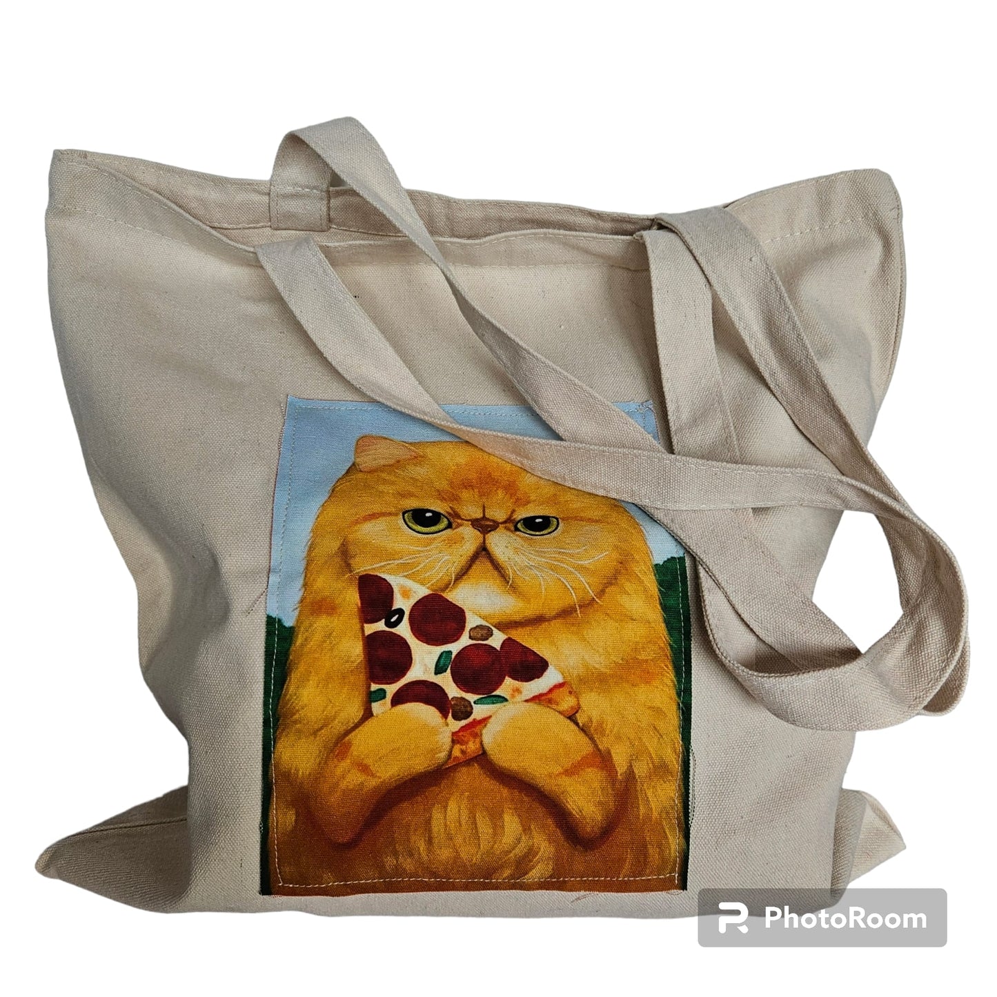 Bolsa tote bag de tela cosida con gatito comiendo pizza