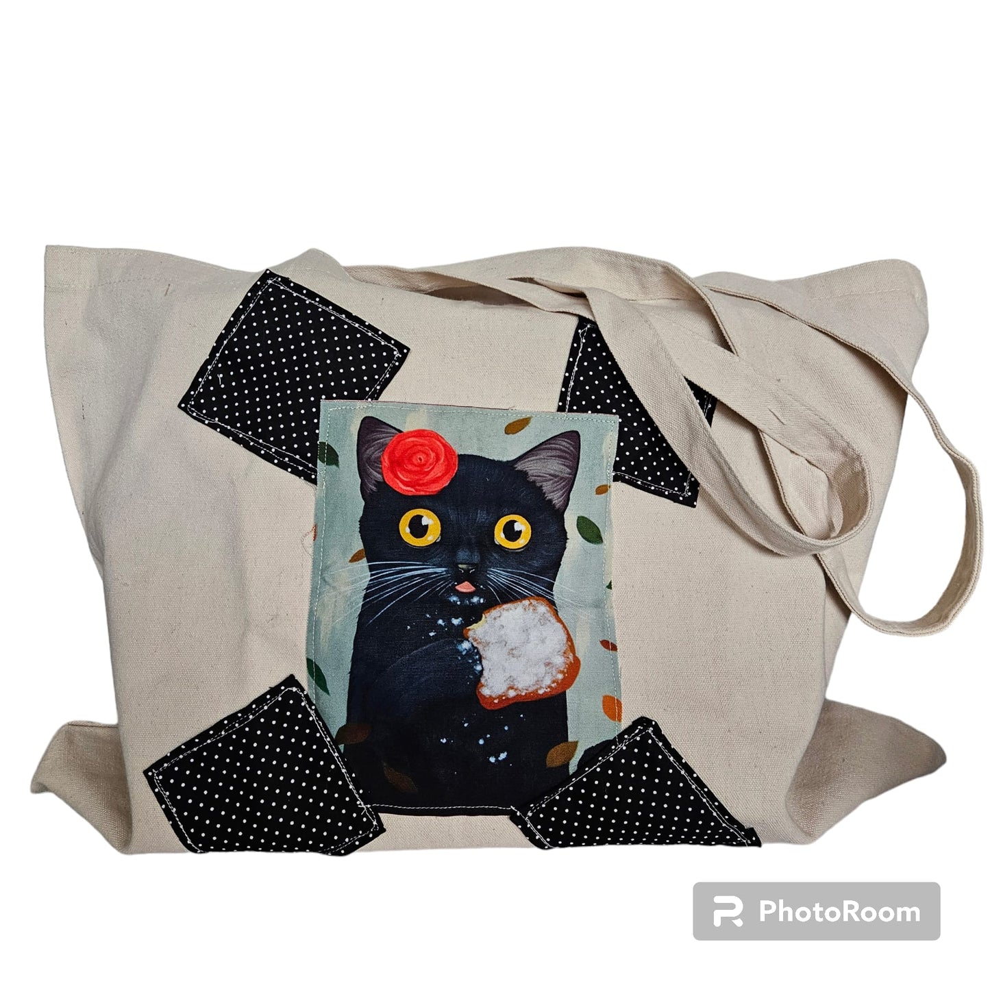 Bolsa tote bag de tela cosido gatito negro y parches de lunares