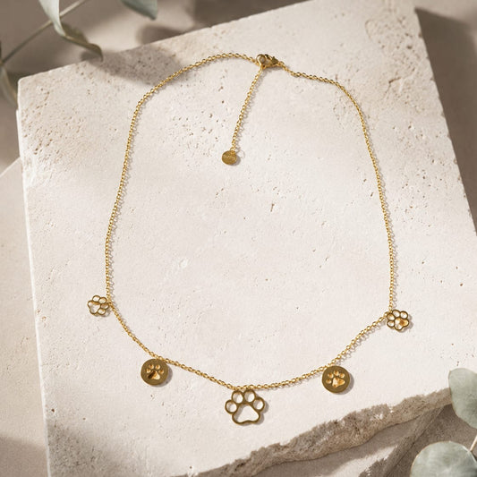 Collar Acero inoxidable Gato y Corazón Dorado