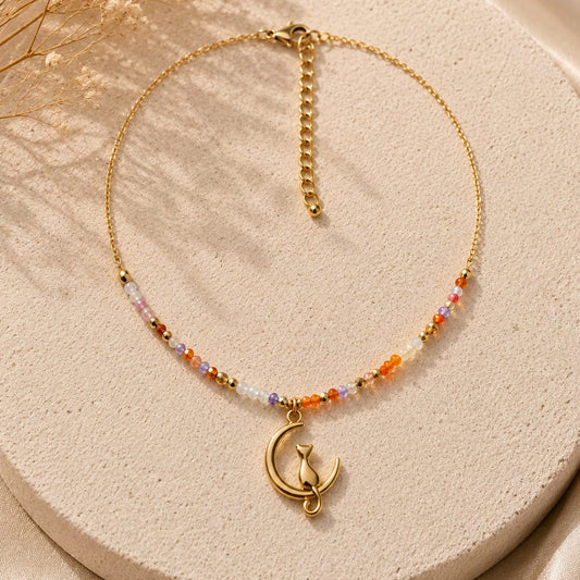 Tobillera de Acero Inoxidable con Cuentas Multicolor y Luna con Gatito