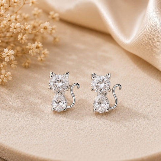 Pendientes Gatito Brillante Plateados