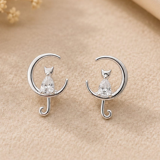 Pendientes Gatito Luna Plateados