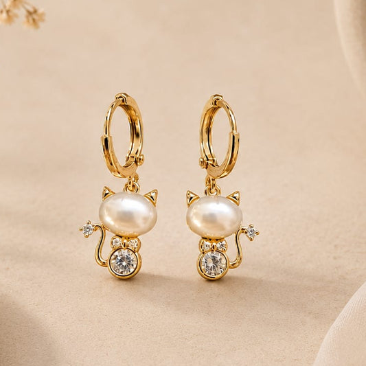 Pendientes Gatito Perla Dorados