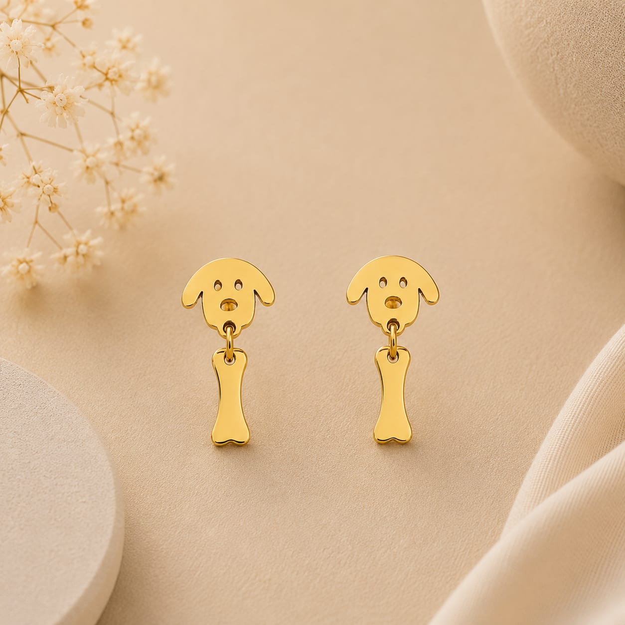 Pendientes Acero Inoxidabel Perrito y Hueso Dorado