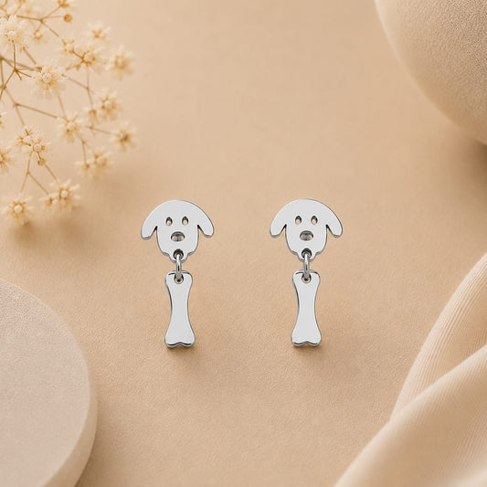 Pendientes Acero Inoxidable Perrito y Hueso Plateados