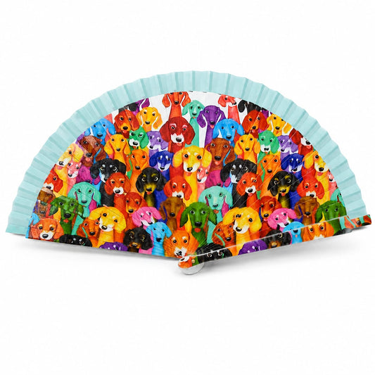 Abanico turquesa con perros de colores