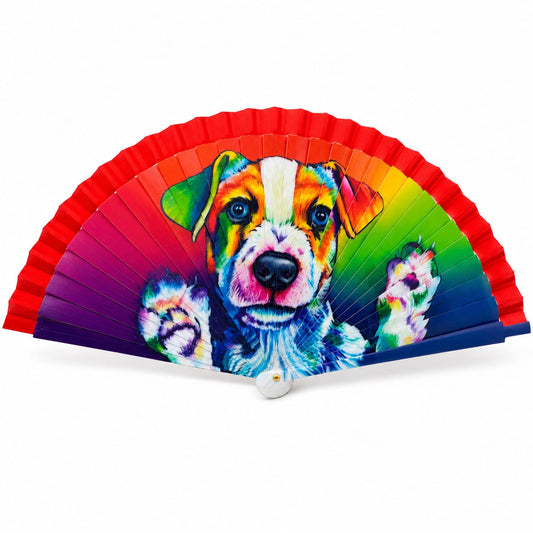 Abanico arcoíris con cachorro pop art multicolor