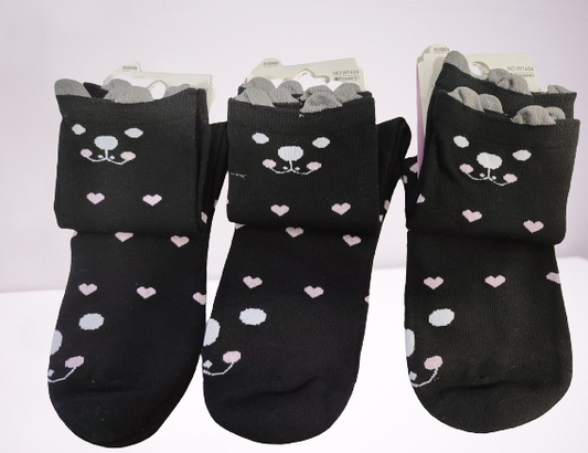 Calcetines negros sin costuras con corazones en rosa y orejitas (pack de 3 pares)