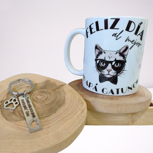 Pack taza más llavero "Feliz día al mejor papá gatuno"