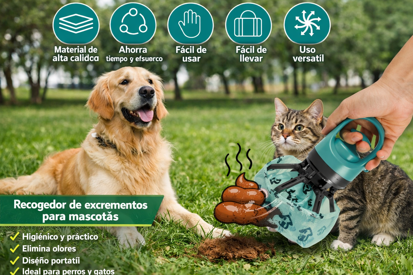 Recogedor portátil de excrementos para mascotas