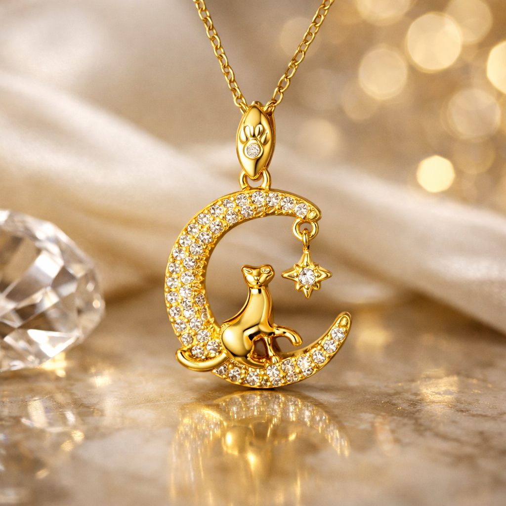 Collar gato y luna chapado en oro 18K – acero inoxidable