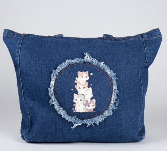 Bolso de hombro denim color oscuro con dibujo de gatitos con flor