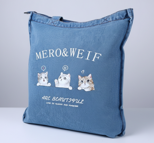 Bolsa Tote Denim claro “Three Cats”